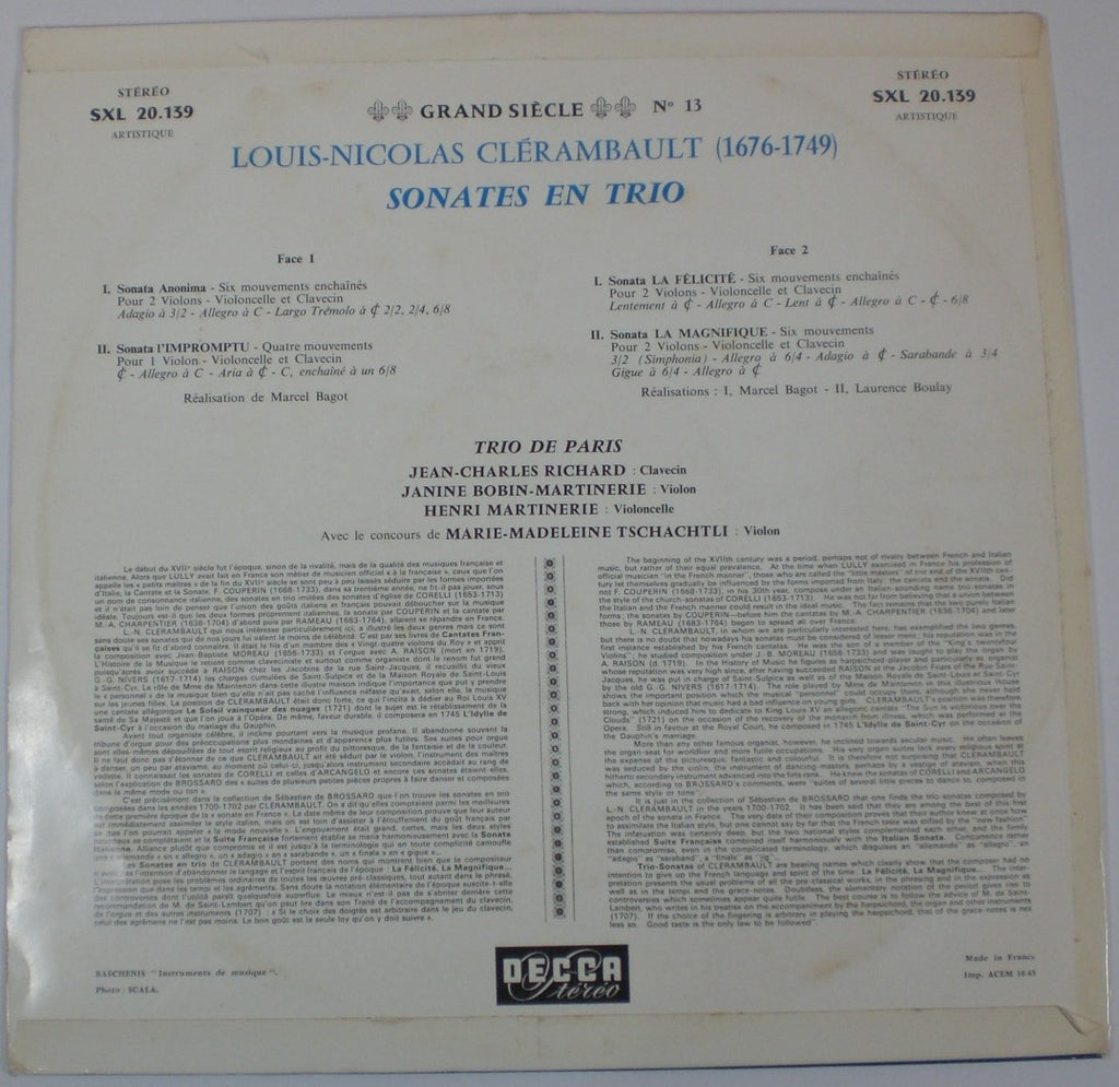 Louis-Nicolas Clérambault - Trio De Paris / Jean-Charles Richard - Janine Robin-Martinerie - Henri Martinerie : Sonates En Trio (LP)