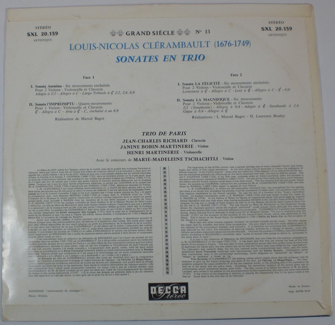 Louis-Nicolas Clérambault - Trio De Paris / Jean-Charles Richard - Janine Robin-Martinerie - Henri Martinerie : Sonates En Trio (LP)