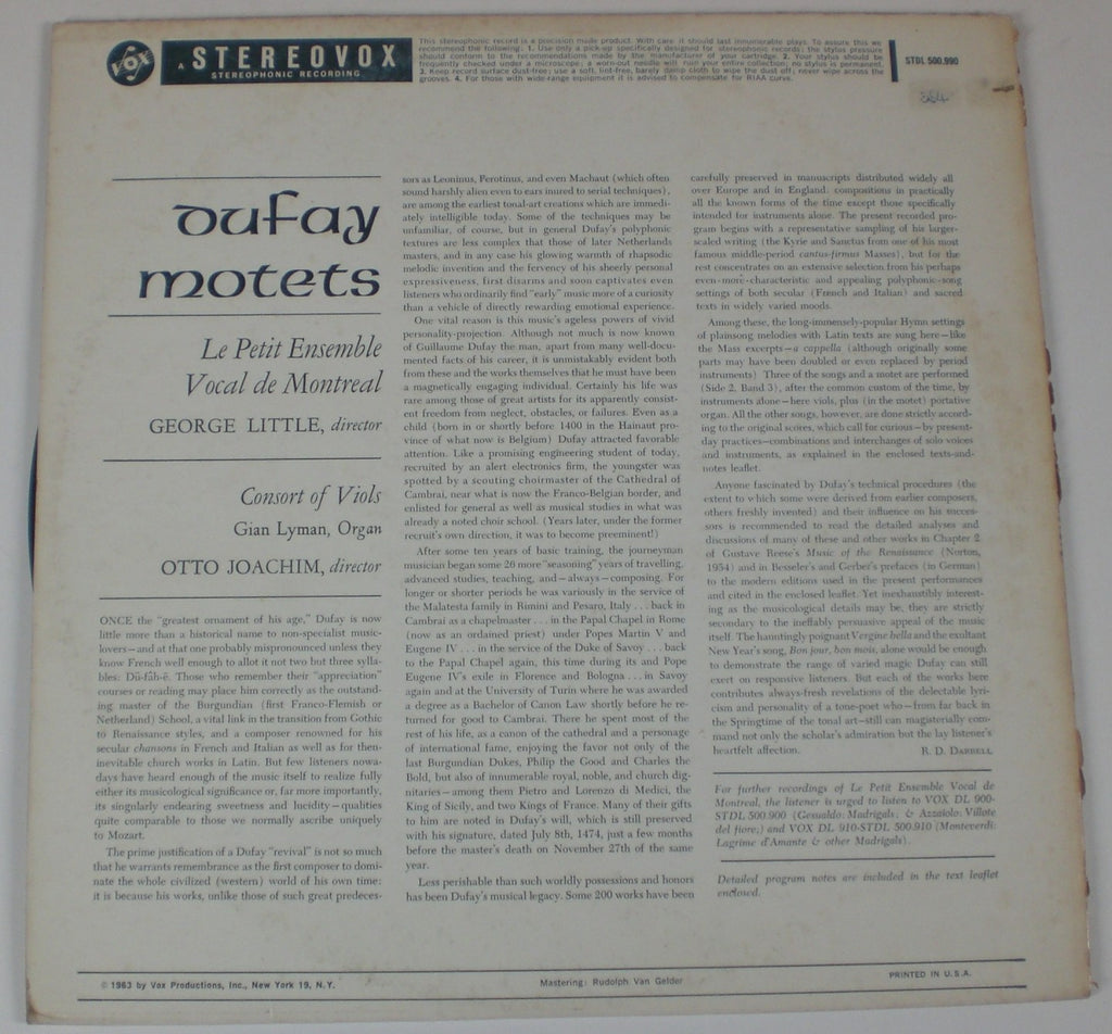 Guillaume Dufay - Le Petit Ensemble Vocal, Montreal, George Little, Montreal Consort Of Viols, Otto Joachim : Dufay Motets (LP,Album,Stereo)