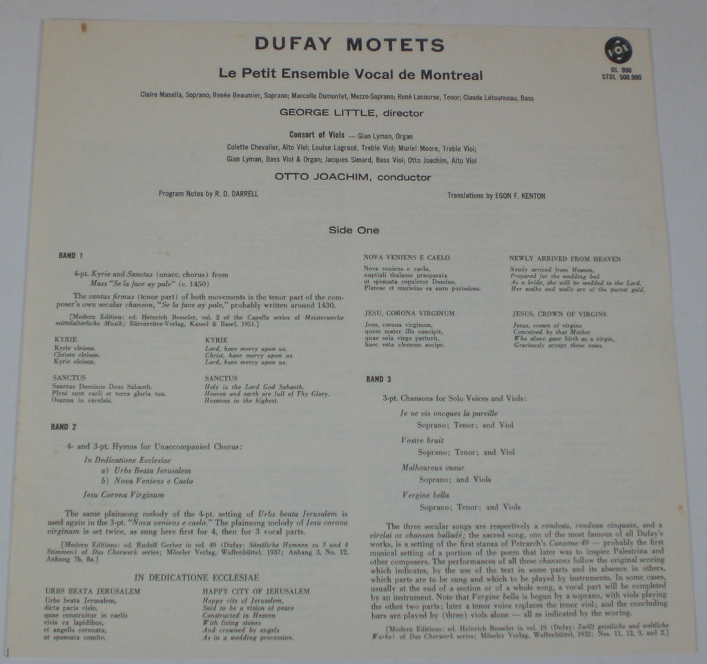 Guillaume Dufay - Le Petit Ensemble Vocal, Montreal, George Little, Montreal Consort Of Viols, Otto Joachim : Dufay Motets (LP,Album,Stereo)