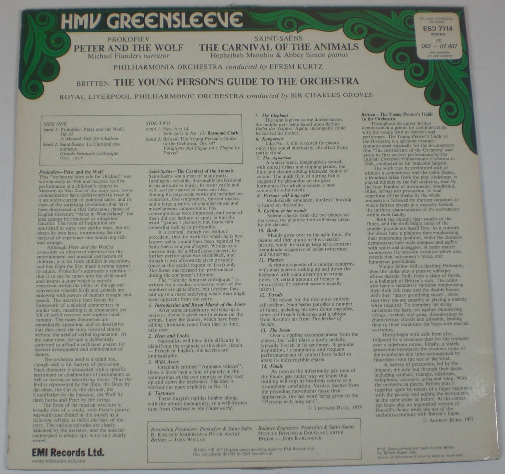 Sergei Prokofiev, Camille Saint-Saëns, Benjamin Britten : Peter And The Wolf, The Carnival Of The Animals, The Young Persons Guide To The Orchestra (LP,Album,Compilation,Stereo)