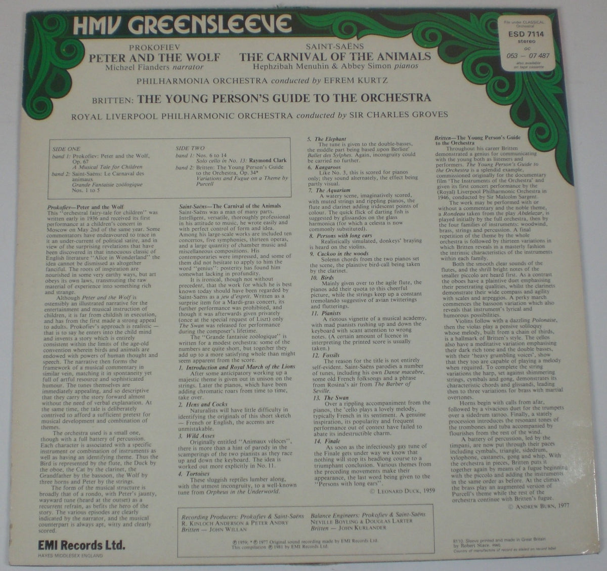 Sergei Prokofiev, Camille Saint-Saëns, Benjamin Britten : Peter And The Wolf, The Carnival Of The Animals, The Young Persons Guide To The Orchestra (LP,Album,Compilation,Stereo)