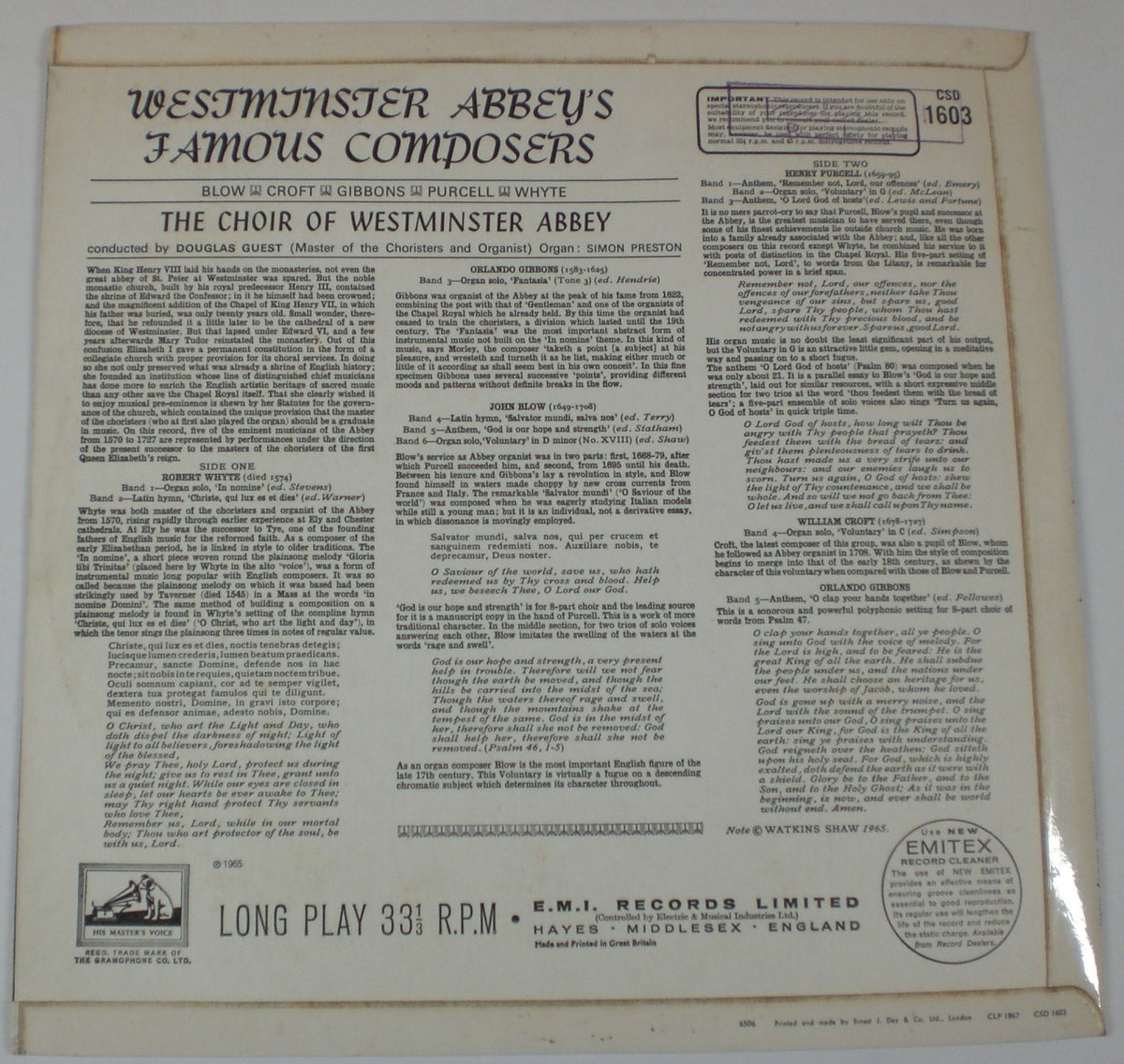 The Choir Of Westminster Abbey, Douglas Guest, Simon Preston : Westminster Abbey's Famous Composers (LP,Album,Stereo)