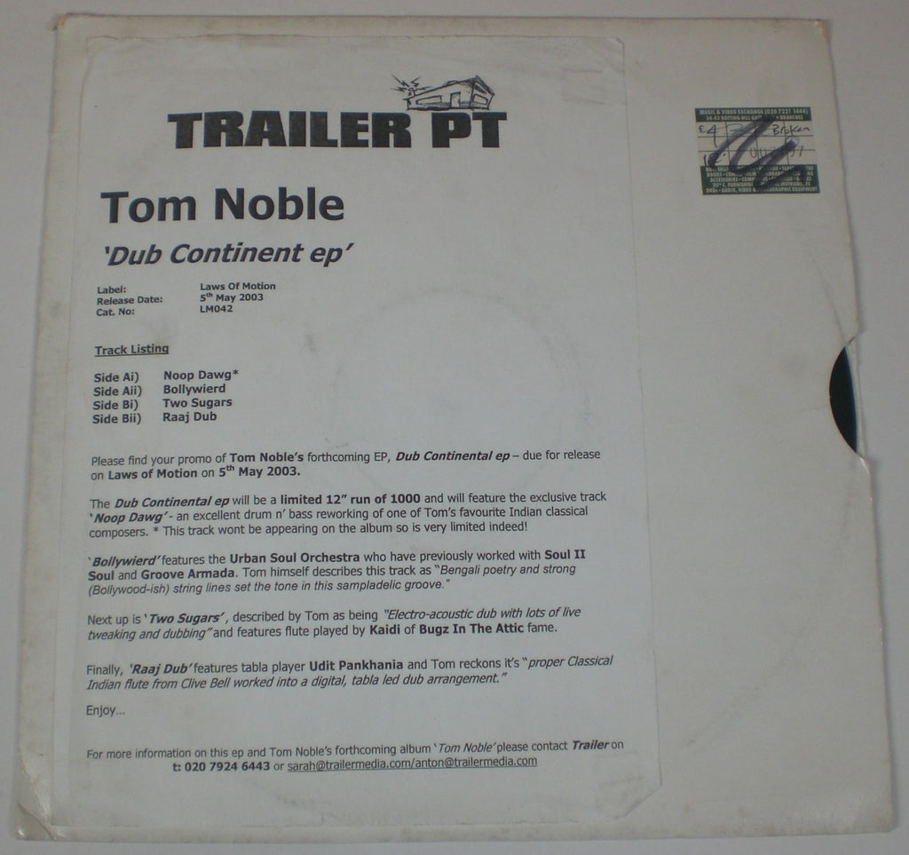 Tom Noble : Dub Continent EP (12",EP,Promo,White Label)